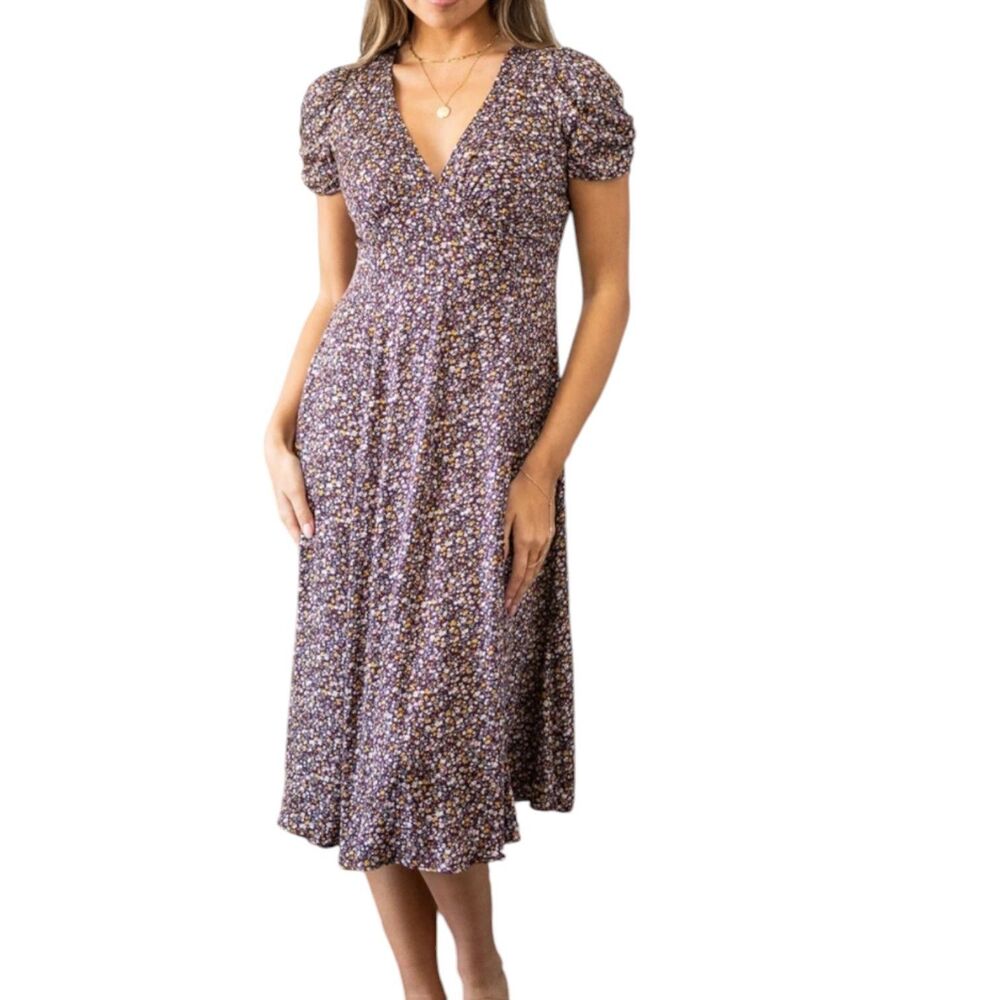 Sozy Gabrielle Tencel Midi Dress Ditsy Floral Smocked Fit Flare V Neck Brown XS